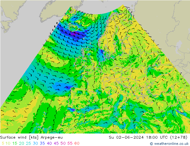 Surface wind Arpege-eu Su 02.06.2024 18 UTC