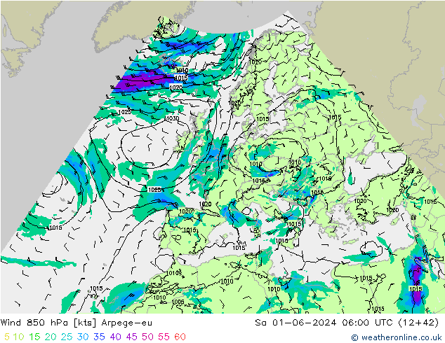 Wind 850 hPa Arpege-eu Sa 01.06.2024 06 UTC