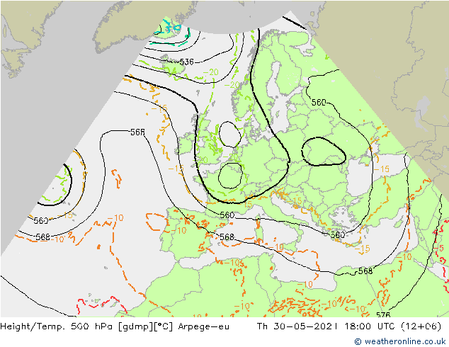 Height/Temp. 500 hPa Arpege-eu 星期四 30.05.2024 18 UTC