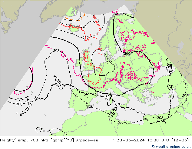 Height/Temp. 700 hPa Arpege-eu 星期四 30.05.2024 15 UTC