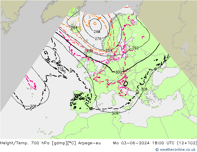 Height/Temp. 700 hPa Arpege-eu Mo 03.06.2024 18 UTC