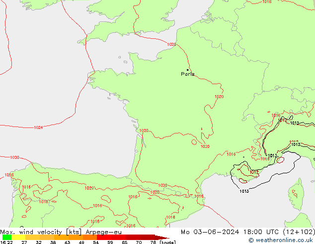 Max. wind velocity Arpege-eu lun 03.06.2024 18 UTC