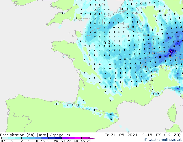 Précipitation (6h) Arpege-eu ven 31.05.2024 18 UTC