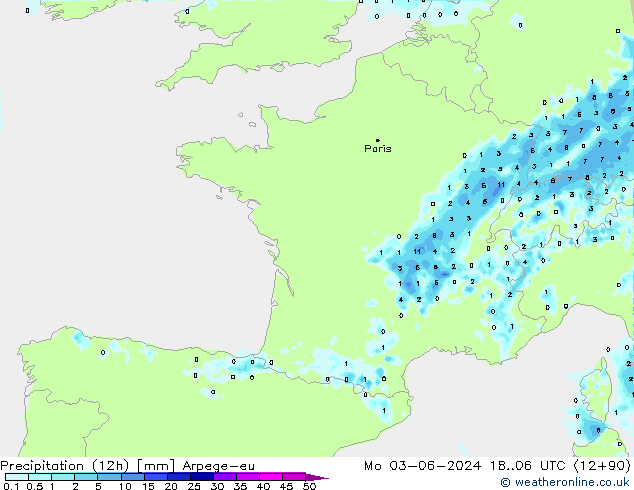 Precipitation (12h) Arpege-eu Mo 03.06.2024 06 UTC