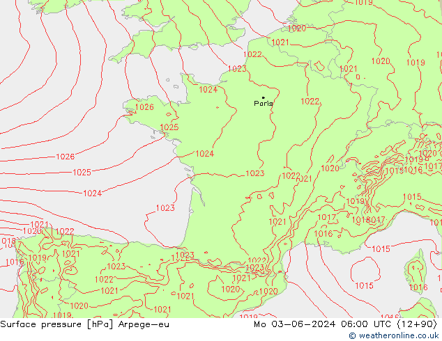 Atmosférický tlak Arpege-eu Po 03.06.2024 06 UTC