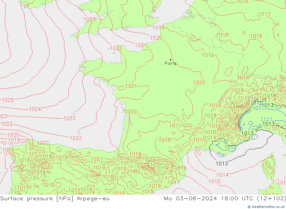 Presión superficial Arpege-eu lun 03.06.2024 18 UTC