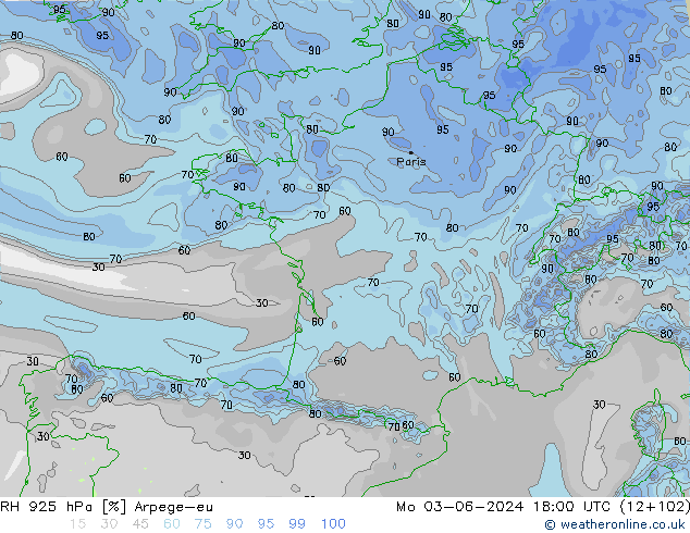 Humidité rel. 925 hPa Arpege-eu lun 03.06.2024 18 UTC