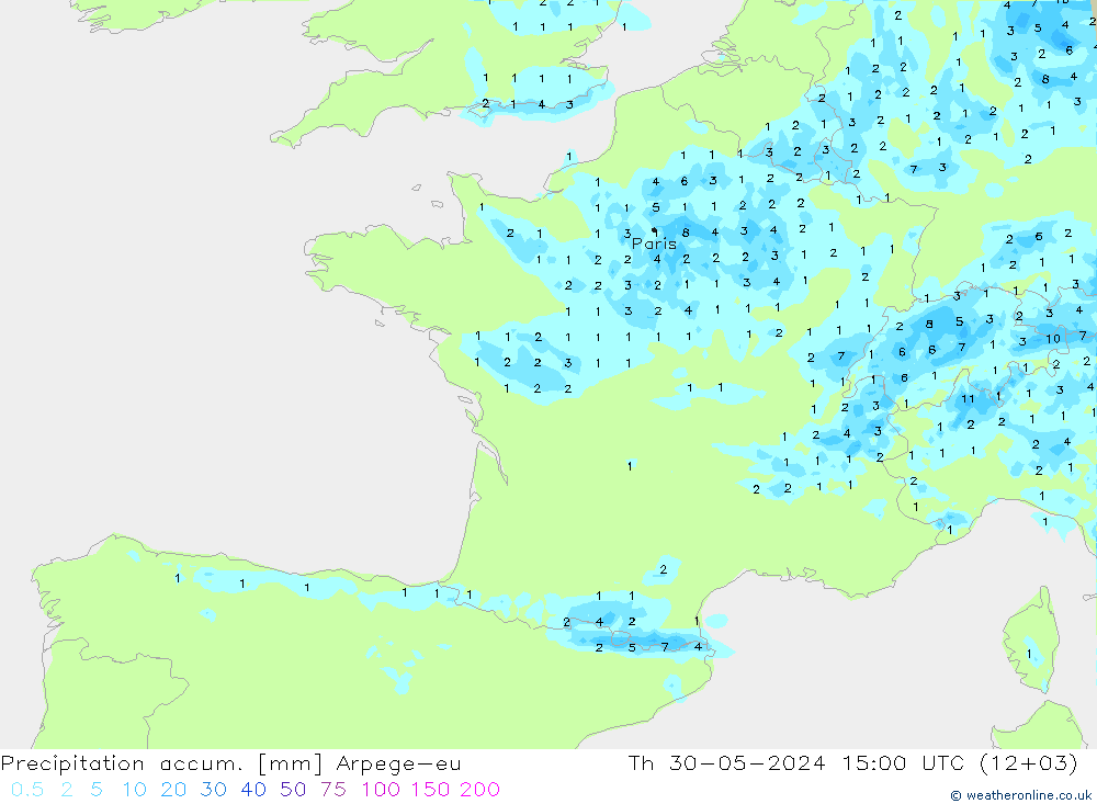 Totale neerslag Arpege-eu do 30.05.2024 15 UTC