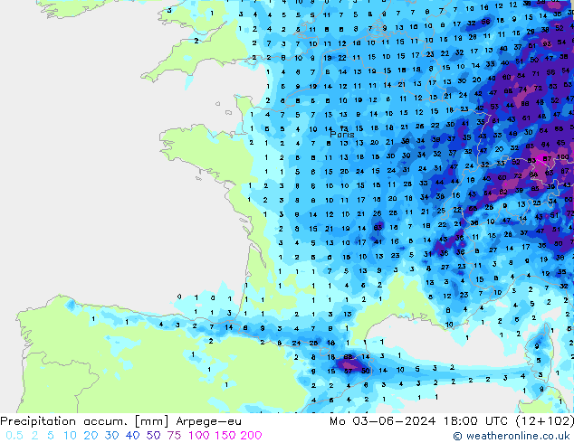 Precipitation accum. Arpege-eu  03.06.2024 18 UTC