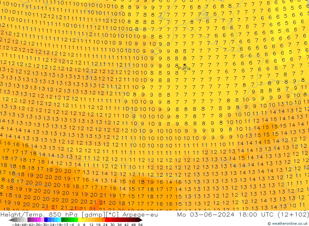 Géop./Temp. 850 hPa Arpege-eu lun 03.06.2024 18 UTC