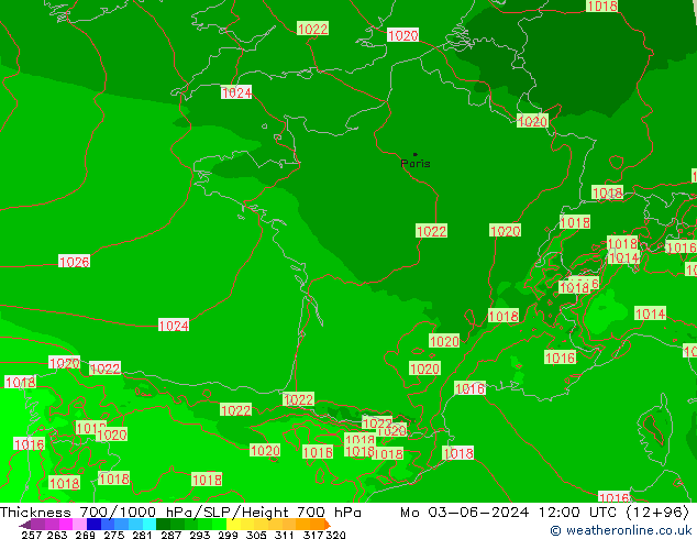 Thck 700-1000 hPa Arpege-eu pon. 03.06.2024 12 UTC