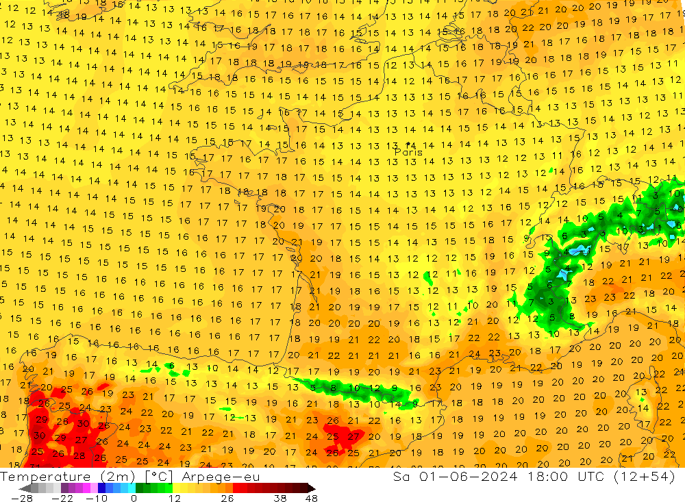 Sıcaklık Haritası (2m) Arpege-eu Cts 01.06.2024 18 UTC