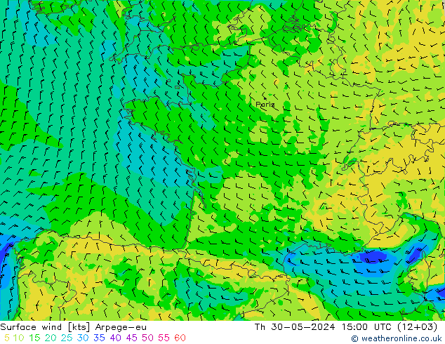 Wind 10 m Arpege-eu do 30.05.2024 15 UTC