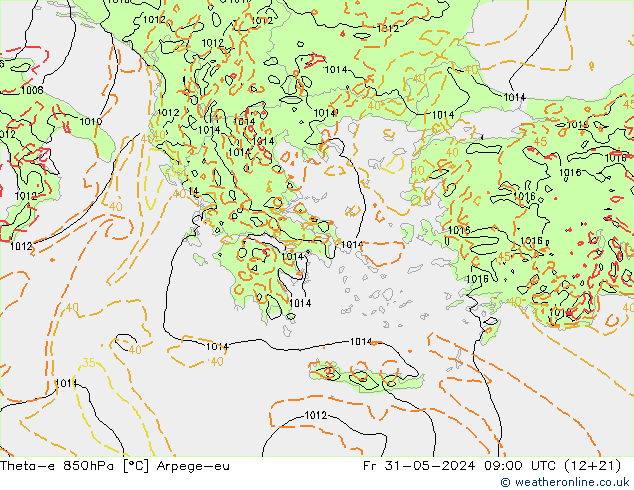 Theta-e 850hPa Arpege-eu ven 31.05.2024 09 UTC