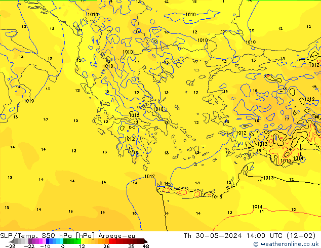 SLP/Temp. 850 hPa Arpege-eu jue 30.05.2024 14 UTC