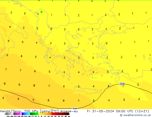 Height/Temp. 700 hPa Arpege-eu ven 31.05.2024 09 UTC