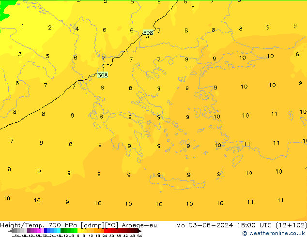 Géop./Temp. 700 hPa Arpege-eu lun 03.06.2024 18 UTC