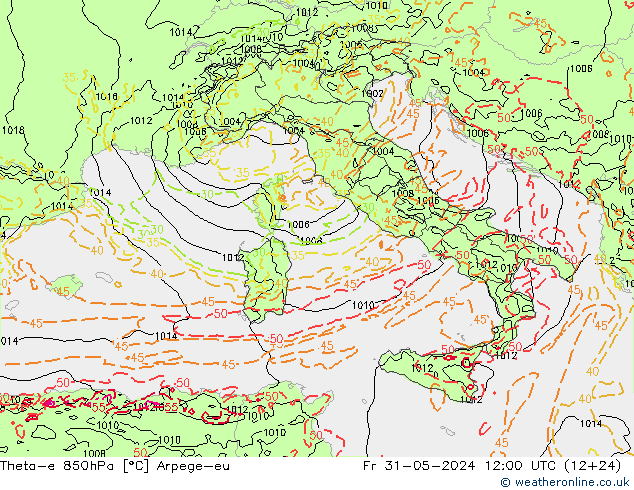 Theta-e 850hPa Arpege-eu vr 31.05.2024 12 UTC