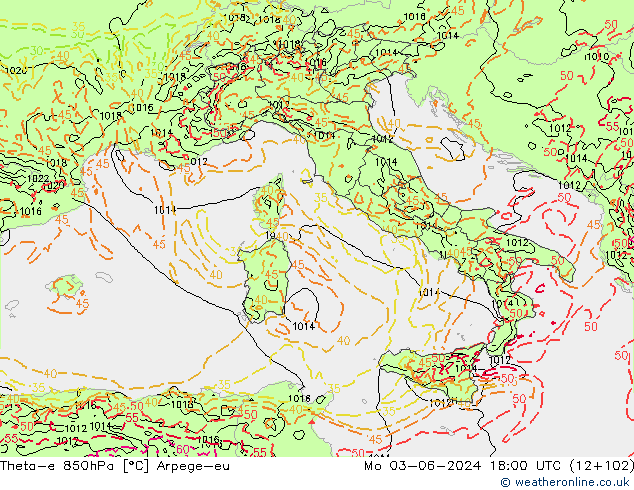 Theta-e 850hPa Arpege-eu lun 03.06.2024 18 UTC