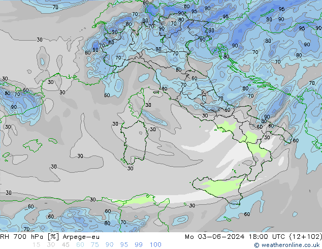 Humedad rel. 700hPa Arpege-eu lun 03.06.2024 18 UTC