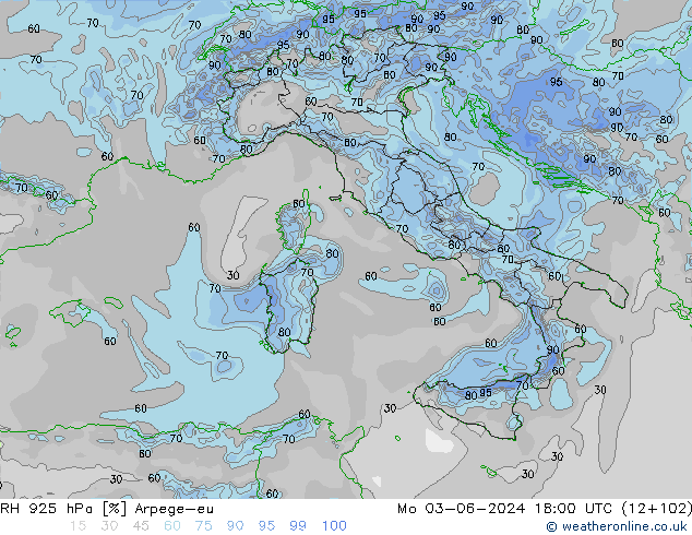 RH 925 hPa Arpege-eu Mo 03.06.2024 18 UTC