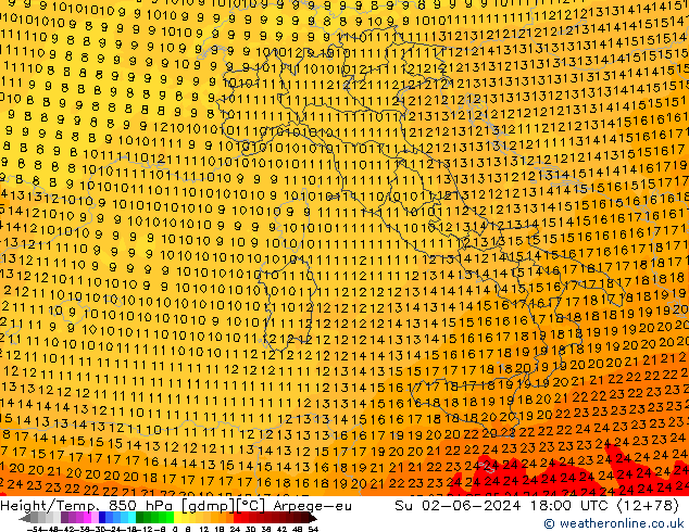 Height/Temp. 850 hPa Arpege-eu nie. 02.06.2024 18 UTC