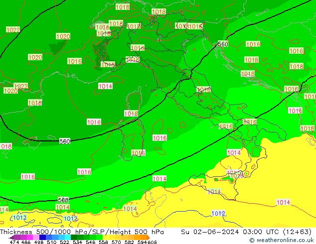 Schichtdicke 500-1000 hPa Arpege-eu So 02.06.2024 03 UTC