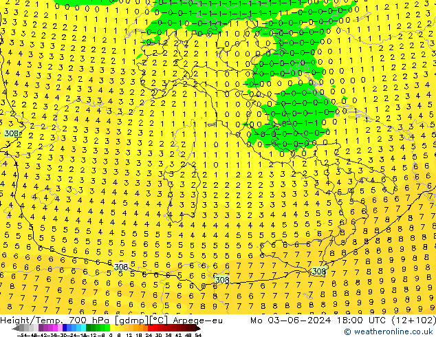 Height/Temp. 700 hPa Arpege-eu Seg 03.06.2024 18 UTC