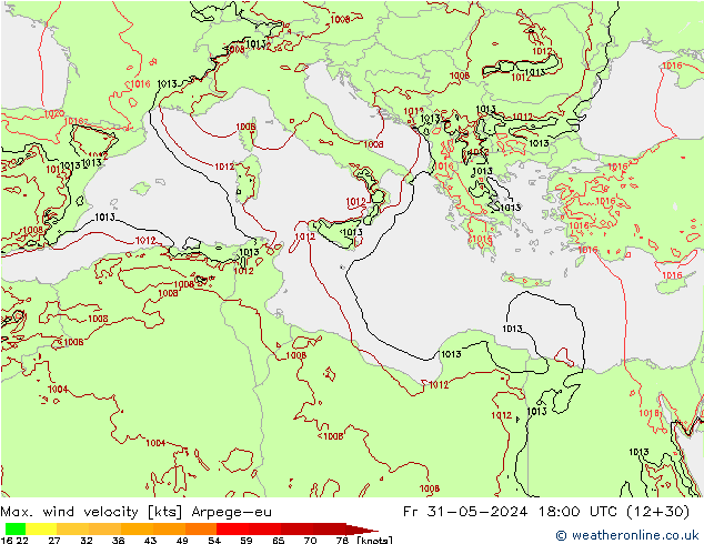 Max. wind velocity Arpege-eu vie 31.05.2024 18 UTC