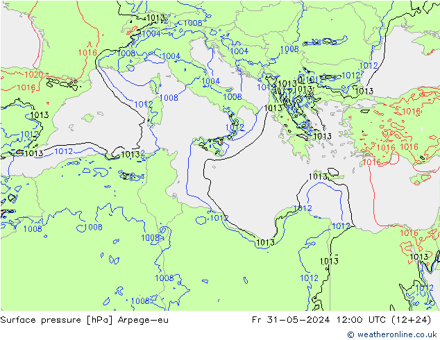 Pressione al suolo Arpege-eu ven 31.05.2024 12 UTC