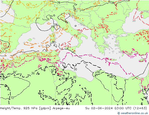 Yükseklik/Sıc. 925 hPa Arpege-eu Paz 02.06.2024 03 UTC