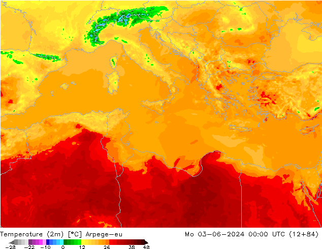 Temperature (2m) Arpege-eu Mo 03.06.2024 00 UTC
