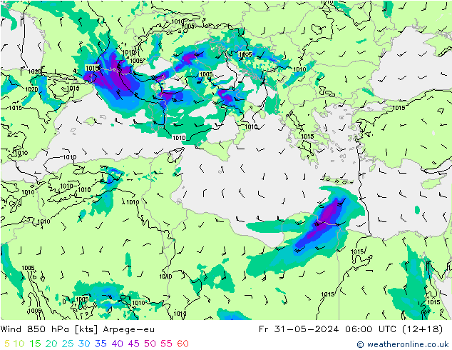 Vento 850 hPa Arpege-eu Sex 31.05.2024 06 UTC