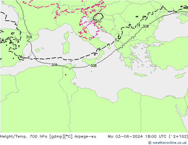 Height/Temp. 700 hPa Arpege-eu Mo 03.06.2024 18 UTC