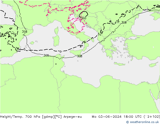 Geop./Temp. 700 hPa Arpege-eu lun 03.06.2024 18 UTC