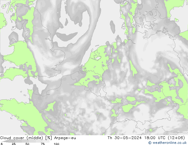 oblačnosti uprostřed Arpege-eu Čt 30.05.2024 18 UTC