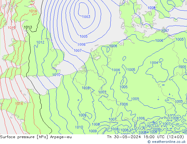 Atmosférický tlak Arpege-eu Čt 30.05.2024 15 UTC