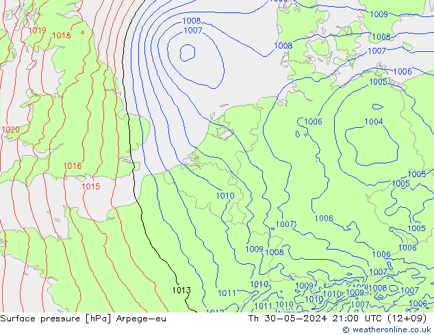 приземное давление Arpege-eu чт 30.05.2024 21 UTC