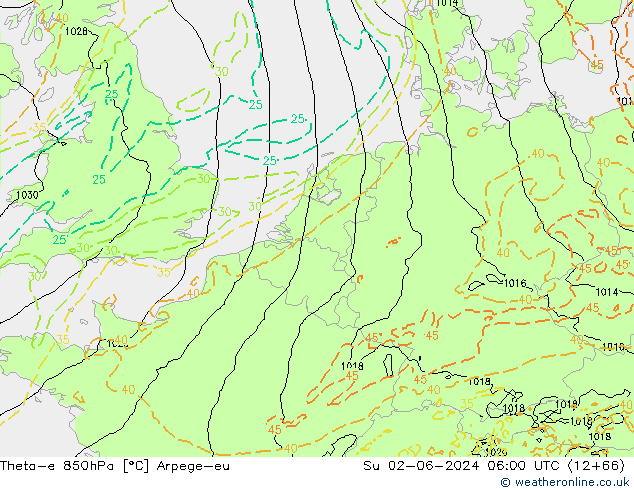 Theta-e 850гПа Arpege-eu Вс 02.06.2024 06 UTC