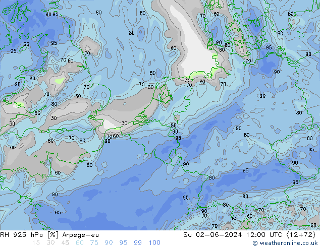 RH 925 гПа Arpege-eu Вс 02.06.2024 12 UTC