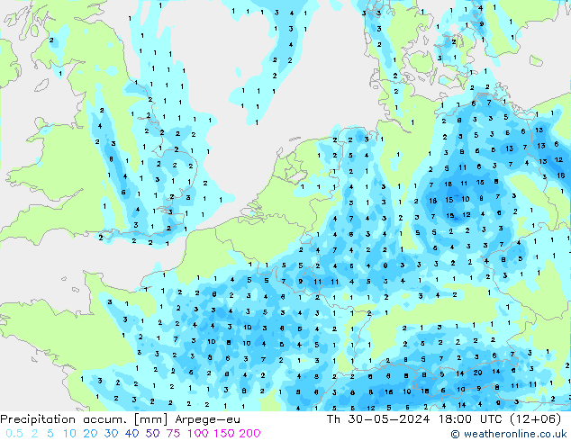 Précipitation accum. Arpege-eu jeu 30.05.2024 18 UTC