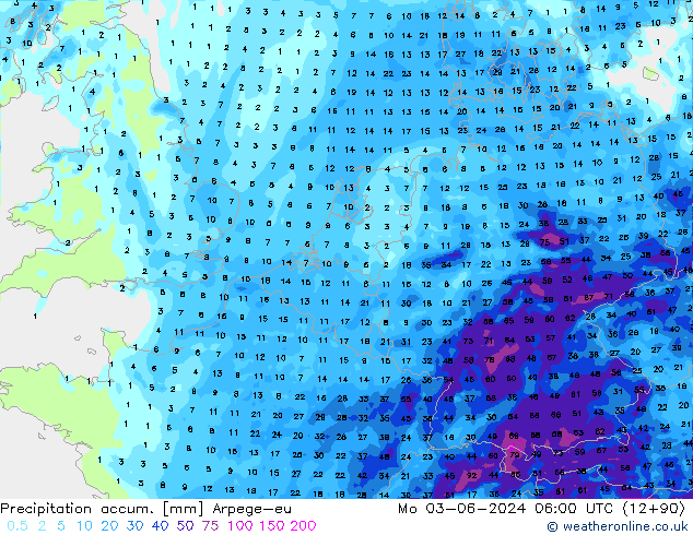 Precipitation accum. Arpege-eu Mo 03.06.2024 06 UTC