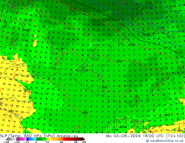 SLP/Temp. 850 hPa Arpege-eu Mo 03.06.2024 18 UTC