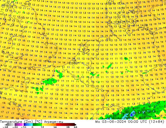 Temperatuurkaart (2m) Arpege-eu ma 03.06.2024 00 UTC
