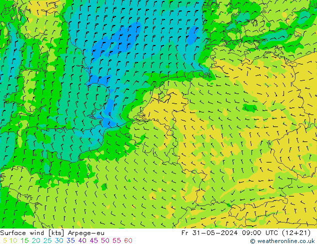 Vento 10 m Arpege-eu Sex 31.05.2024 09 UTC