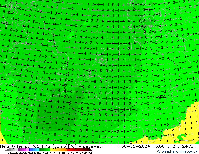 Height/Temp. 700 hPa Arpege-eu Čt 30.05.2024 15 UTC