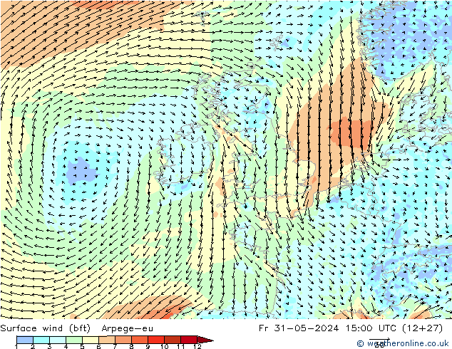 Vento 10 m (bft) Arpege-eu ven 31.05.2024 15 UTC