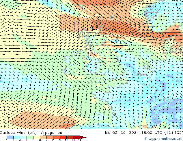 Rüzgar 10 m (bft) Arpege-eu Pzt 03.06.2024 18 UTC