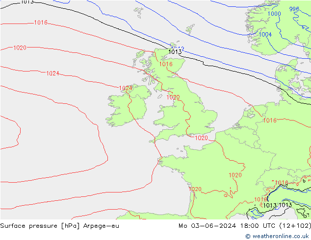 Surface pressure Arpege-eu Mo 03.06.2024 18 UTC