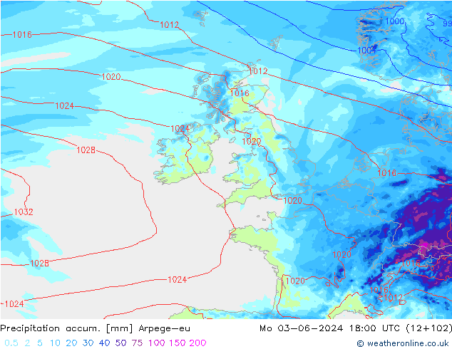 Precipitation accum. Arpege-eu pon. 03.06.2024 18 UTC